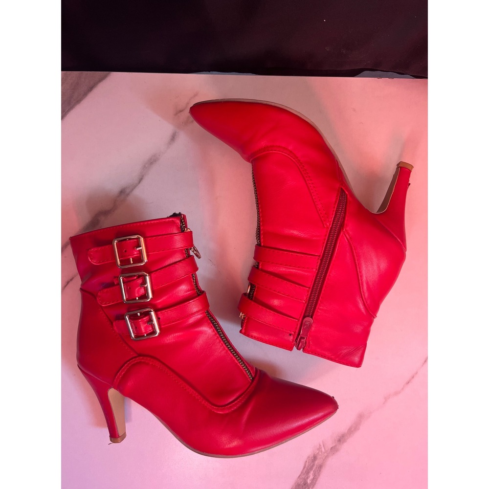 Stunning Red Pointed Toe Ankle Boots Stiletto Heel Buckle Zipper Sz 7.5‎